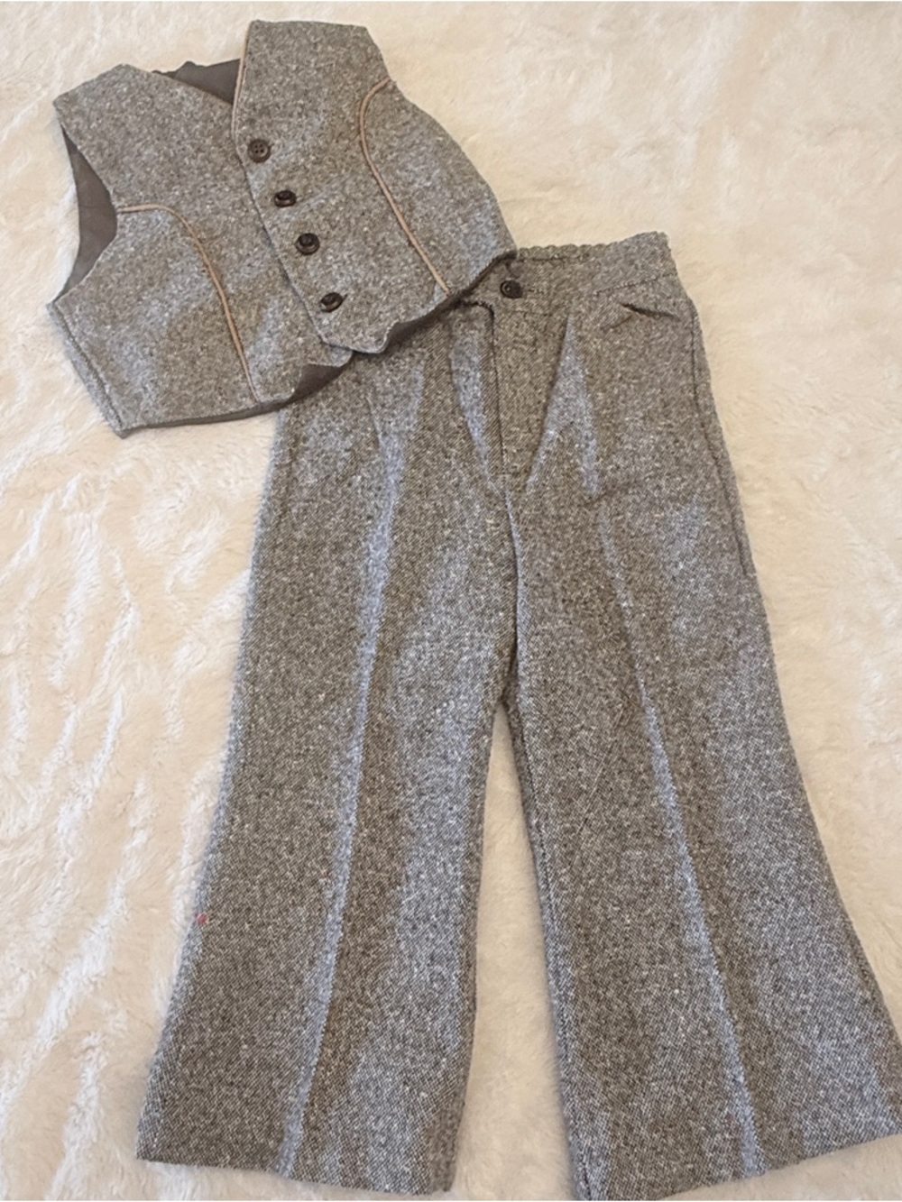 R-Gee Vintage Brown Tweed Vest & Wide Leg Pants Matching Suit Set Sz 4. BBB